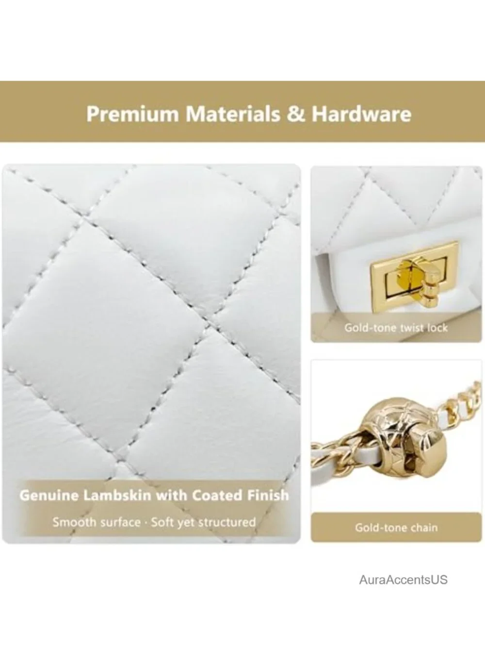 Genuine Leather Quilted Crossbody Bag with Gold Chain Strap
